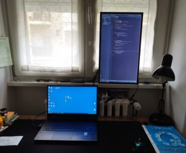 my shitty setup, for coding/streaming, no the vertical monitor isn't attached to anything, I will find a way to attach it