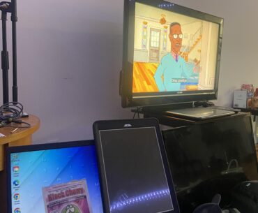 Someone suggested posting this here. Laptop hooked up to tv, work tablet, audio gear, broken tv, and edibles