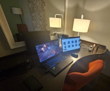 Traveling all the time means hotel battle station..