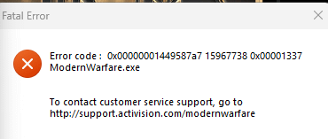 error code 0x00000001449587a7 15967738 0x00001337 modern warfare.exe, don't know what to do. crashes after opening multiplayer, can't get past MOTD, audio crackling and popping to no end.