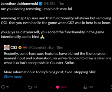 Someone help me understand the outrage about jump binds. Valve added a 200(?) ms window for the jump throw to be accurate and they also added a grunt sound. Now it's also a skill instead of being 100% accurate. Isn't this exactly like banning snap-tap for counter-strafing?