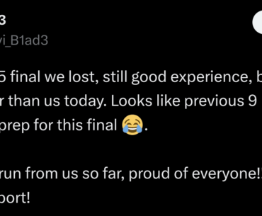 B1ad3: "Another bo5 final we lost, still good experience, but g2 was much better than us today. Looks like previous 9 matches were just a prep for this final 😂. Impressive run from us so far, proud of everyone!!! Thank you for support!"